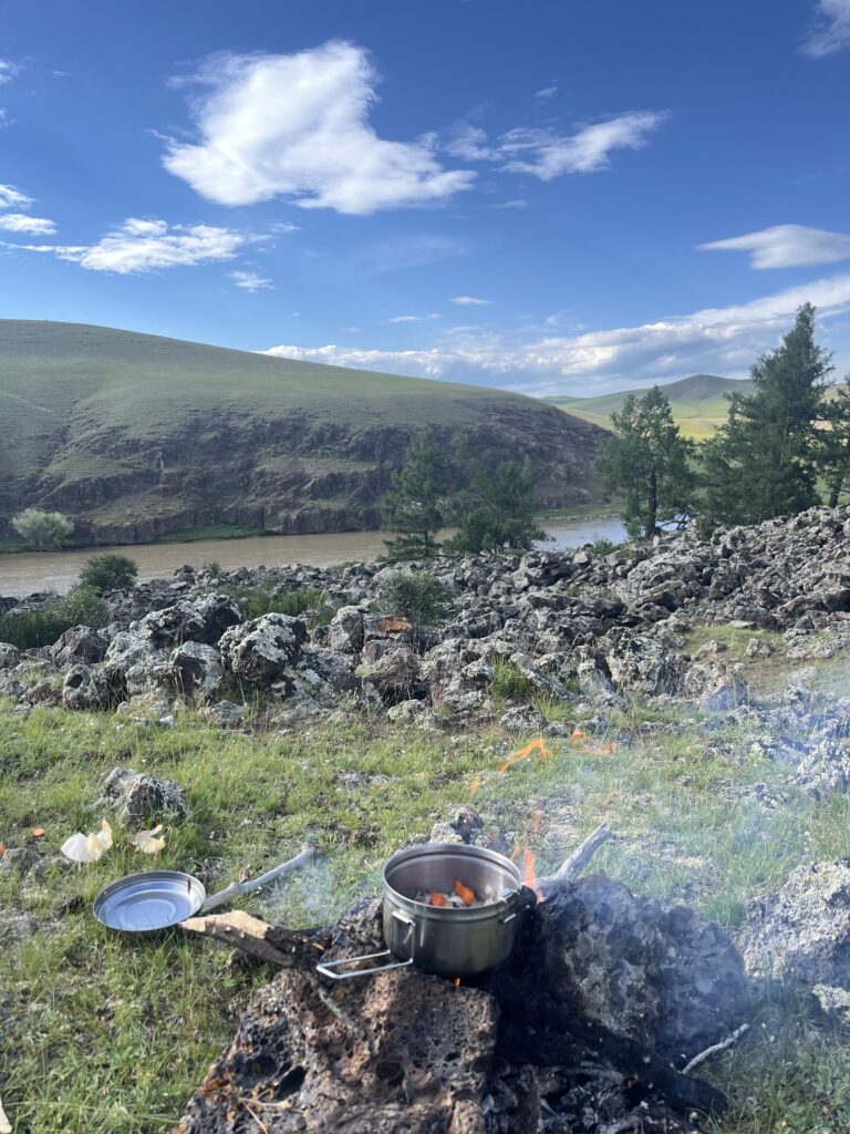 cooking on open fire next to Orkhon River