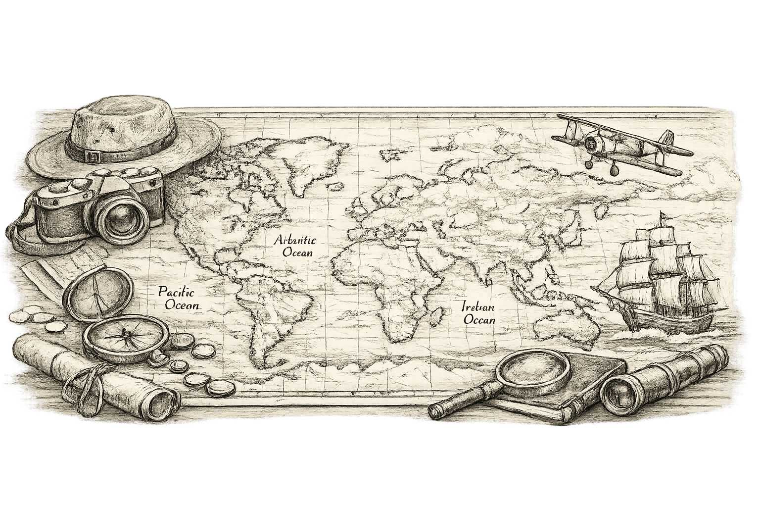 Vintage explorer map with travel gear and ship, adventure theme.