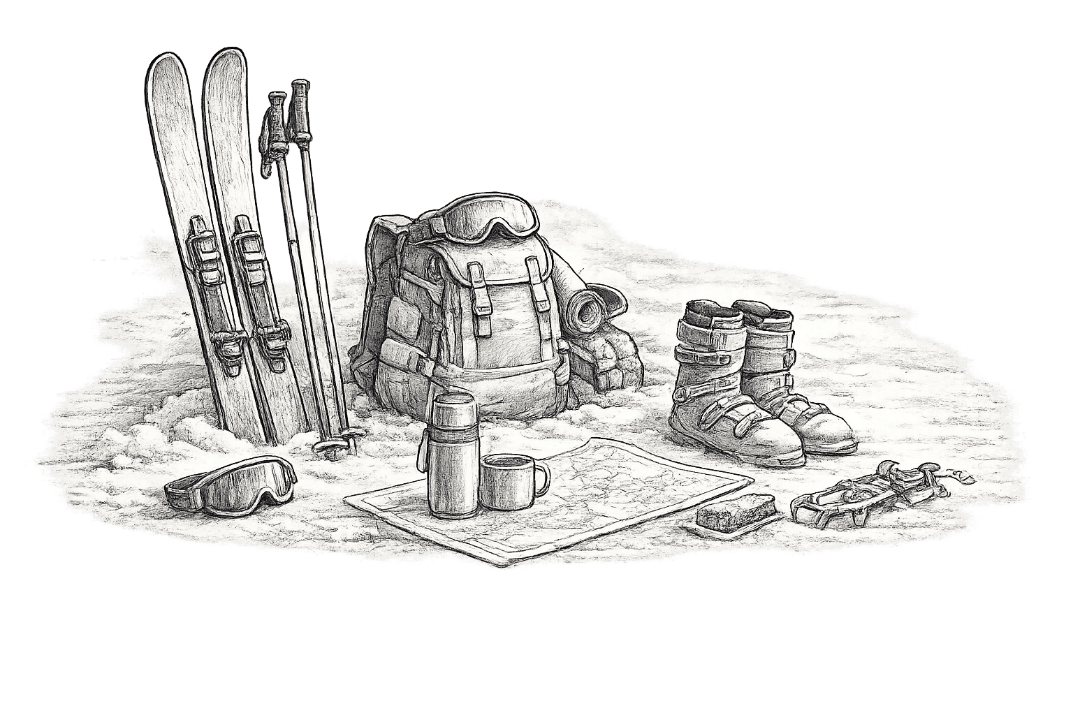 Alpine skiing equipment and gear on snow.