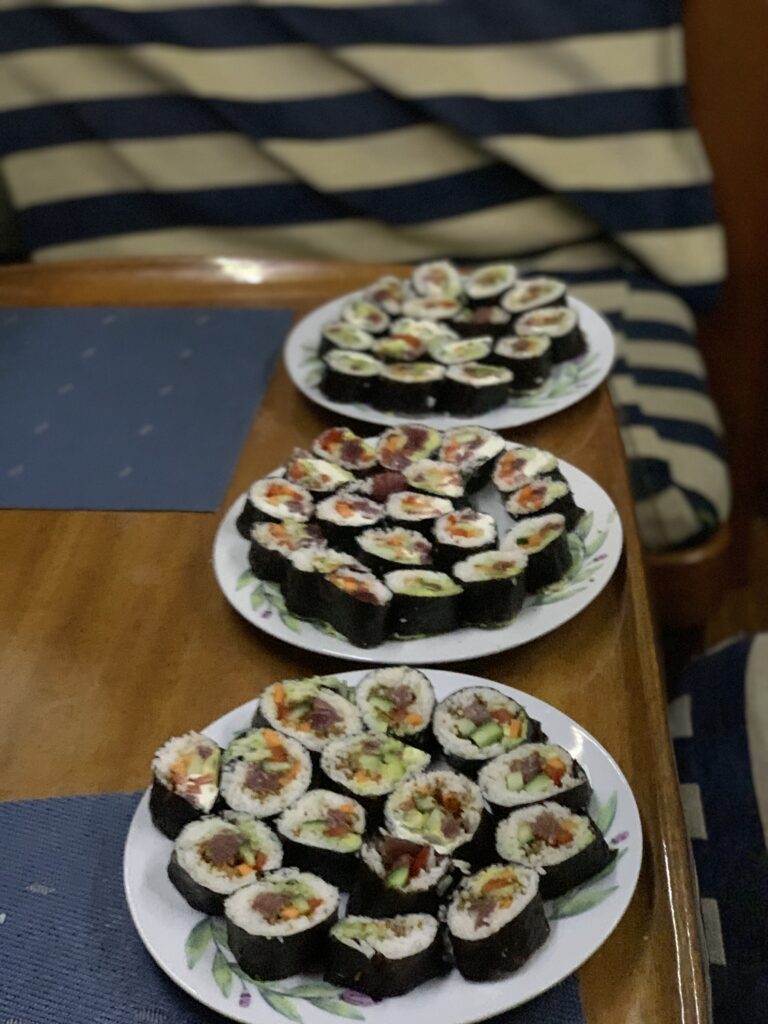 Self made sushi from bonito in sailboat